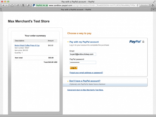 Test store on PayPal Sandbox