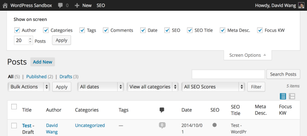 Screen Options for post listings screens