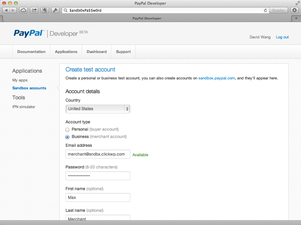 Create test account