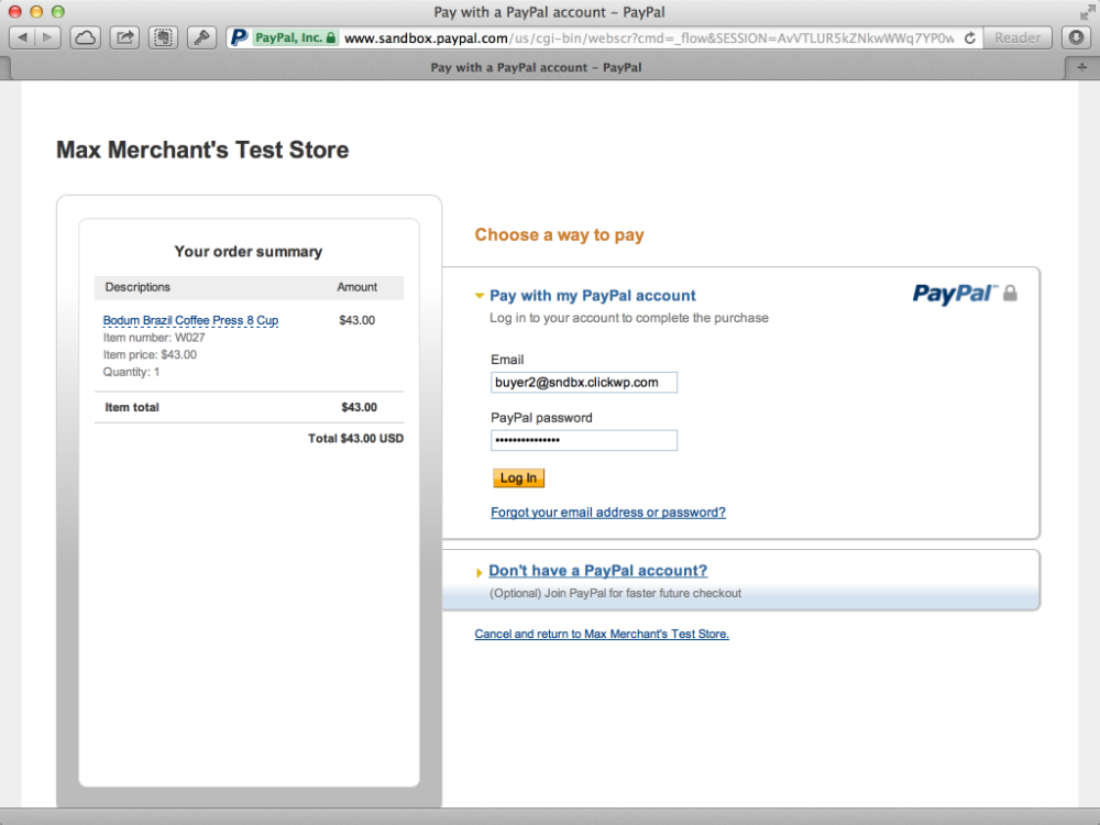 Test store on PayPal Sandbox