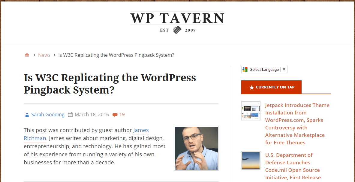 An example of a guest post on the wptavern.com blog.