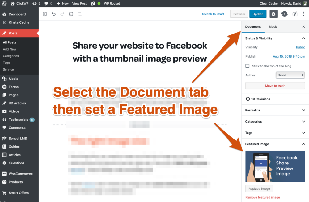 Select the Document tab and then set a Featured Image