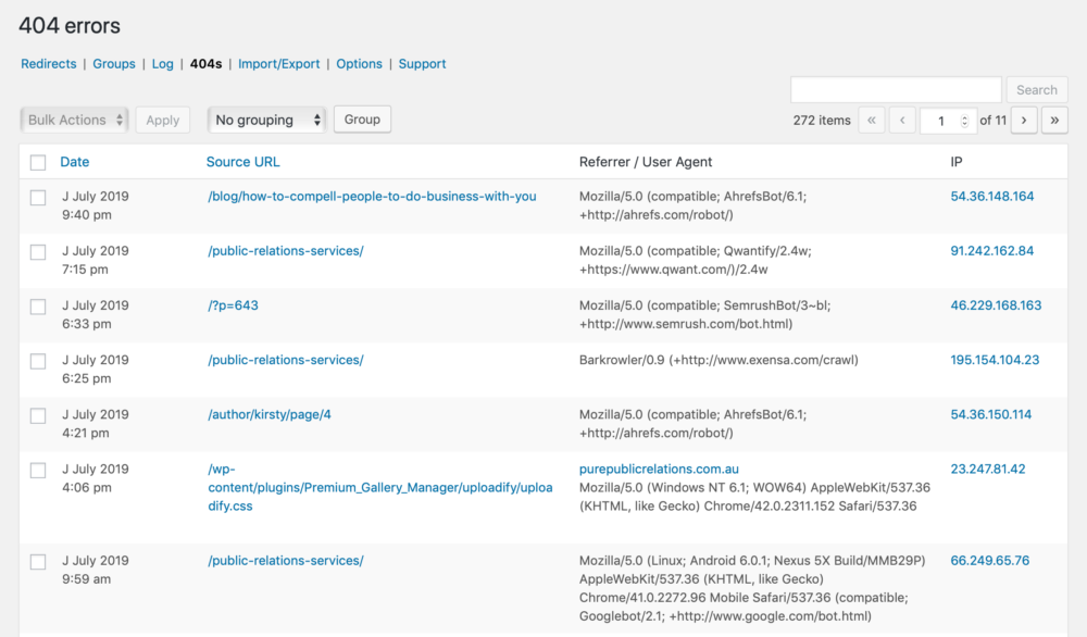 Redirection plugin 404 monitor